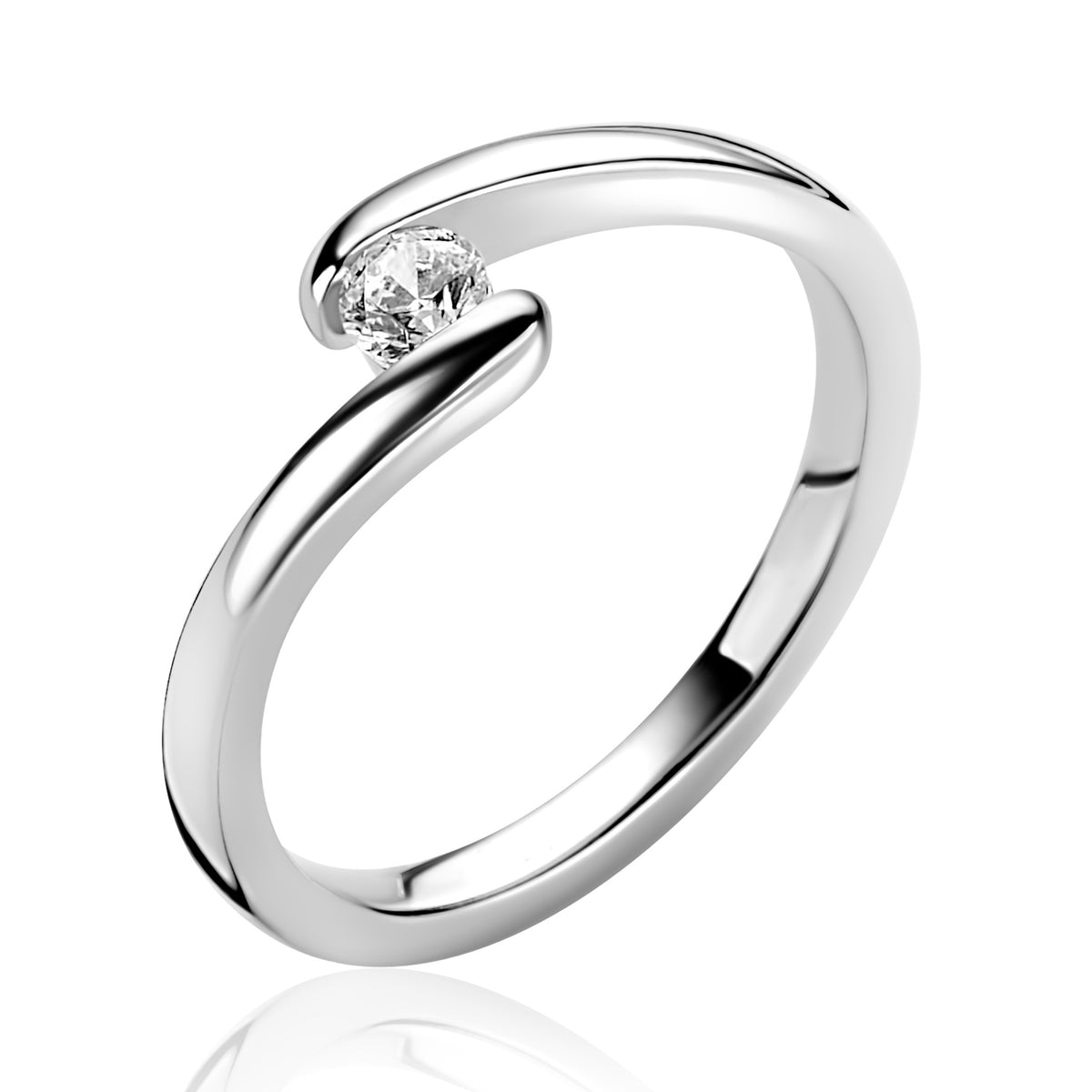 Anello in argento con un diamante, design minimalista e forma ondulata.