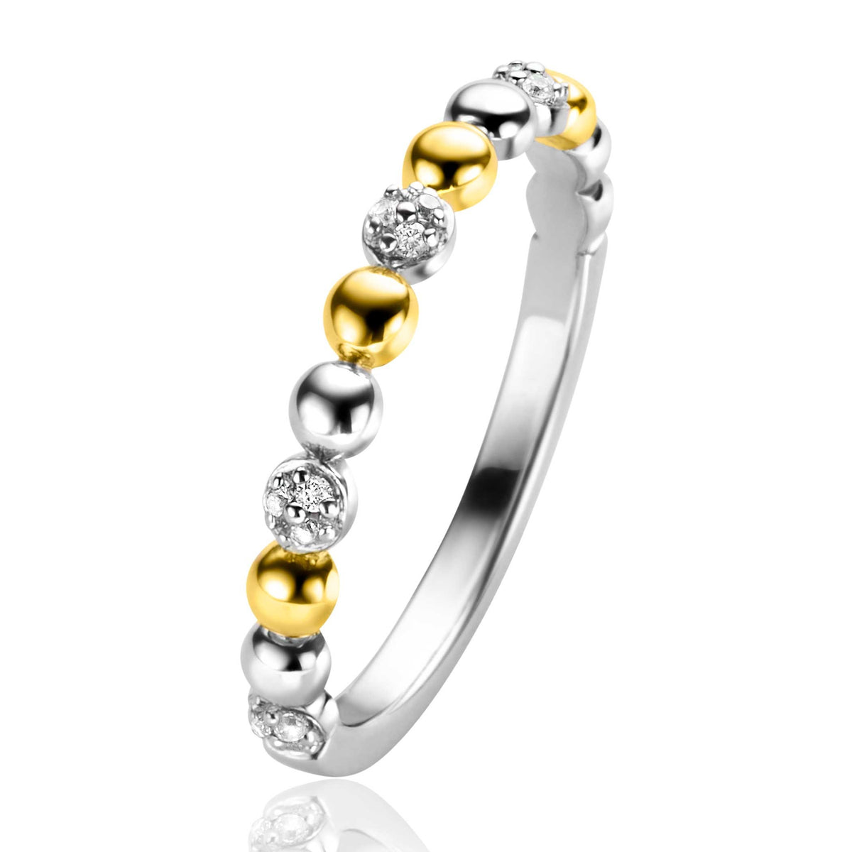 Anello in argento dorato con dettagli argentati e pietre brillanti.