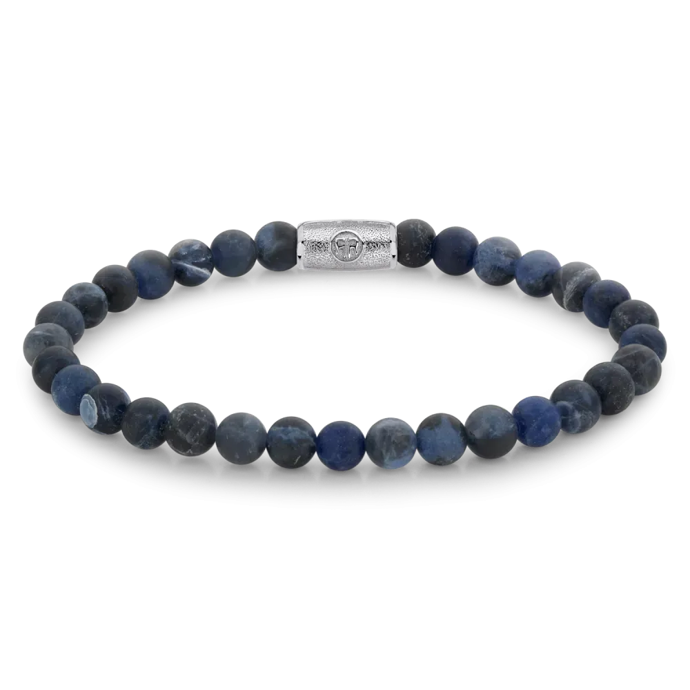 Bracciale da uomo in pietre blu scure di 6 mm con chiusura argentata.