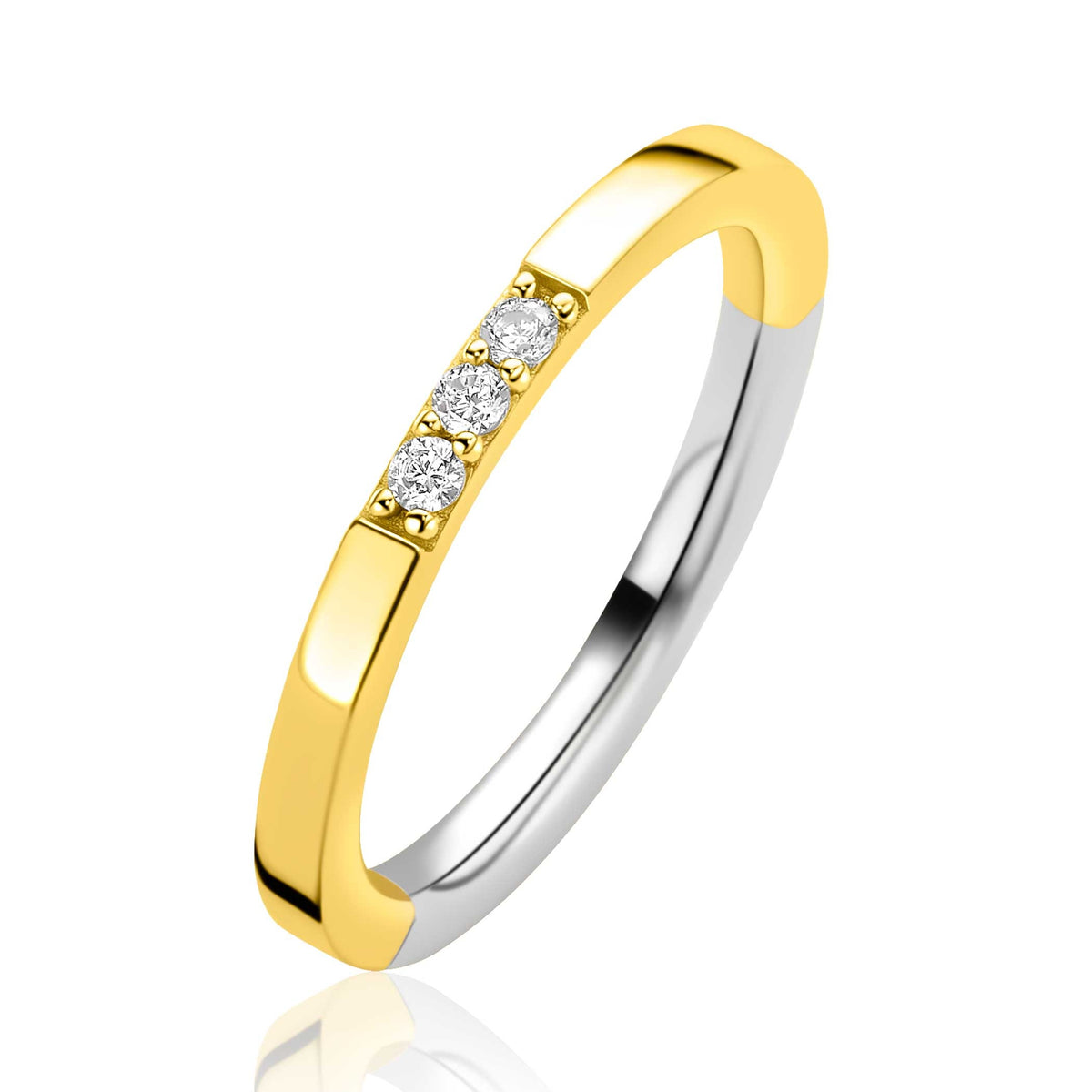 anello placcato oro con tre zirconi brillanti, finitura bicolore argentata e dorata.