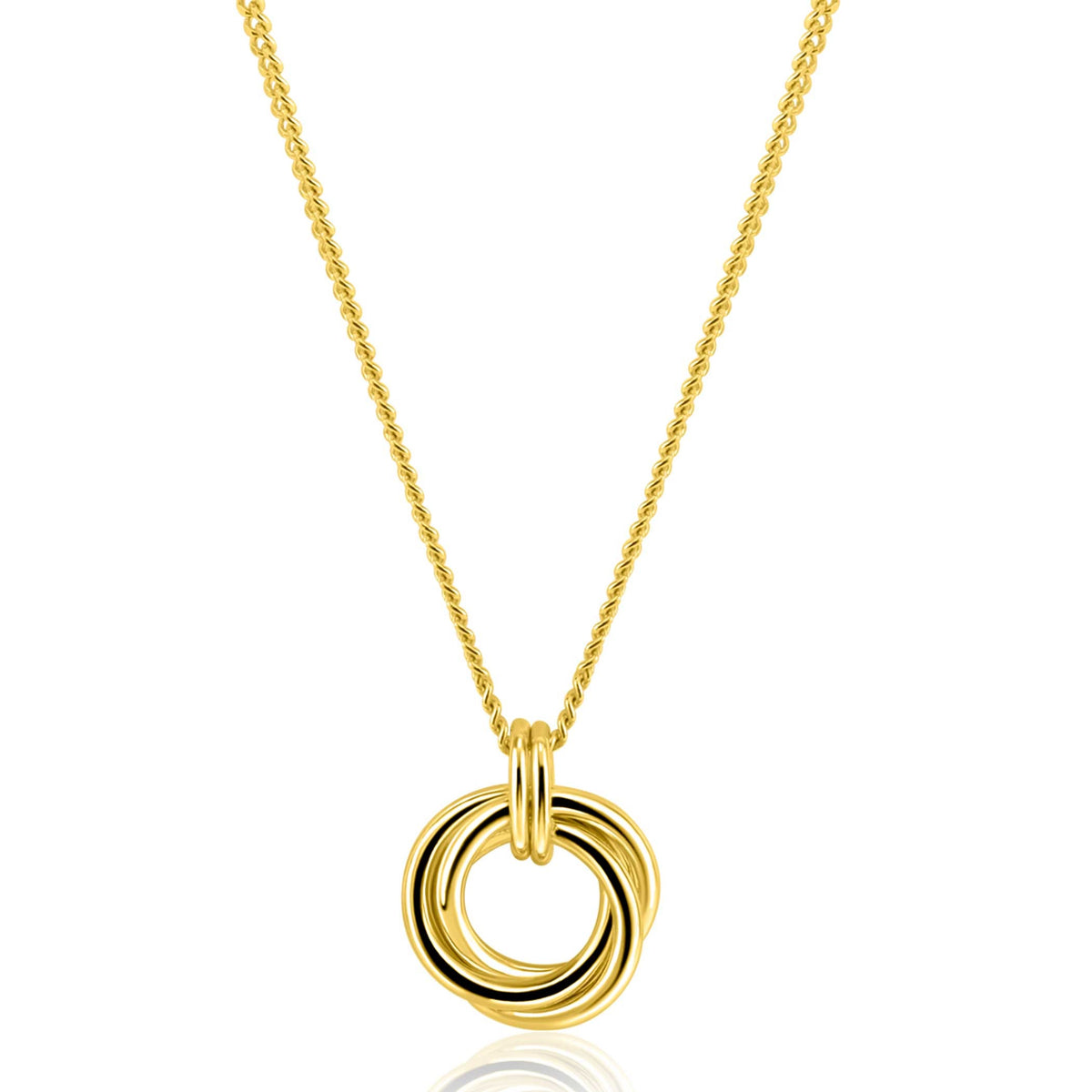 Collana dorata con pendente a cerchi intrecciati.