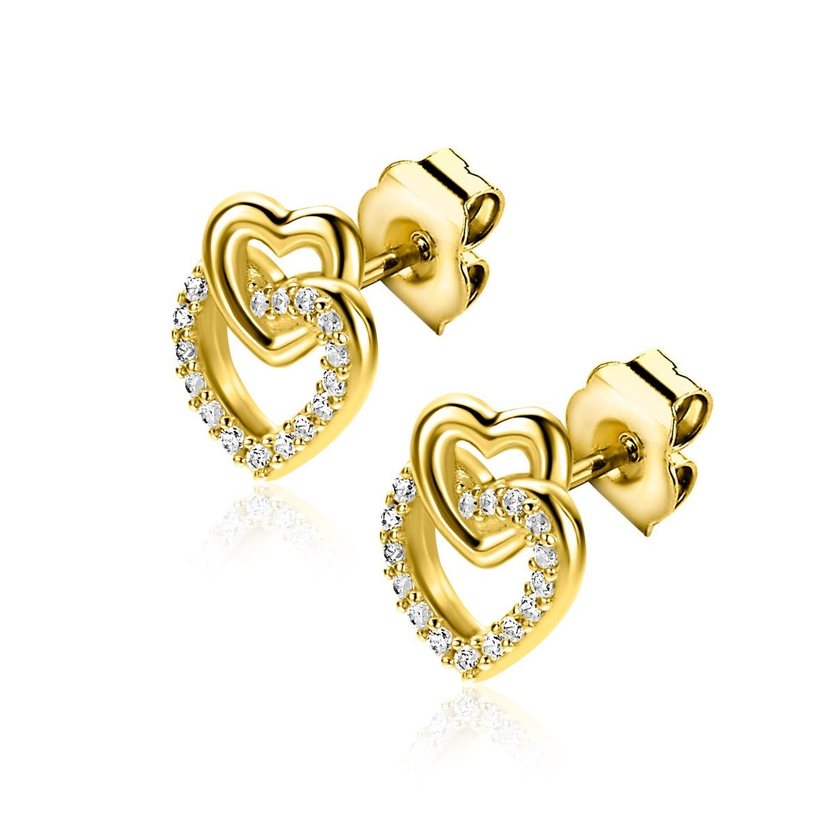 Orecchini in argento dorato con design a doppio cuore e zirconi.