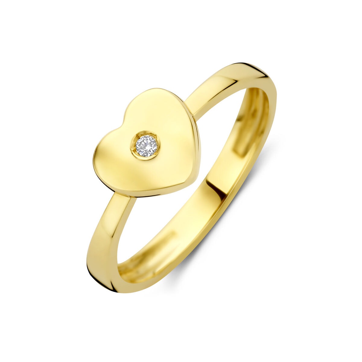 Anello in oro giallo 14k con cuore e diamante lab grown.