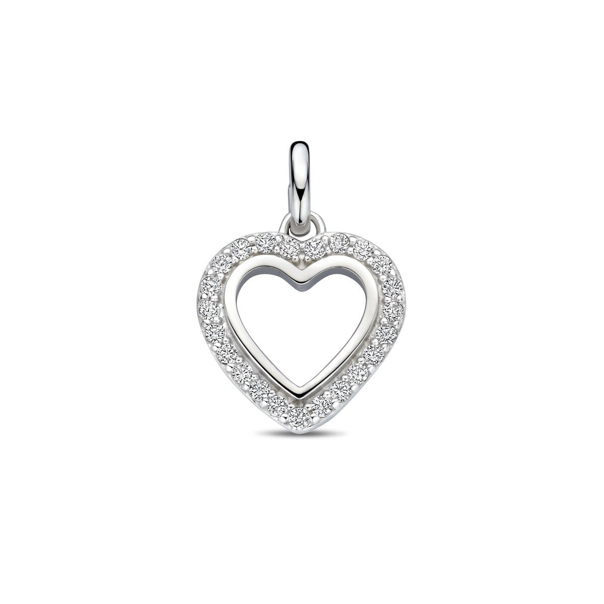 Zilveren hartvormige hanger van gerhodineerd 925 zilver met zirkonia, 17,5 mm hoog.