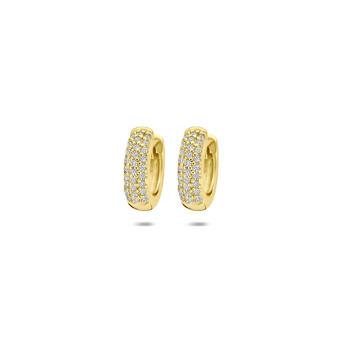 Orecchini in argento 925 placcato oro con zircone, forma curva e finitura lucida.