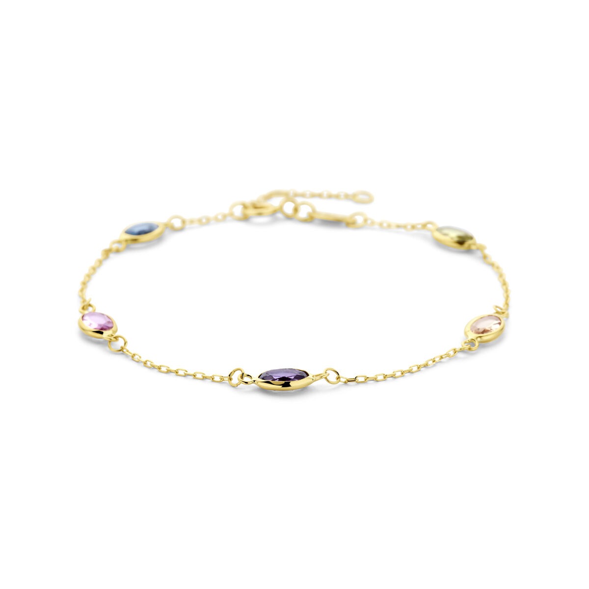 Bracciale in oro giallo 14k con pietre preziose sintetiche ovali colorate.