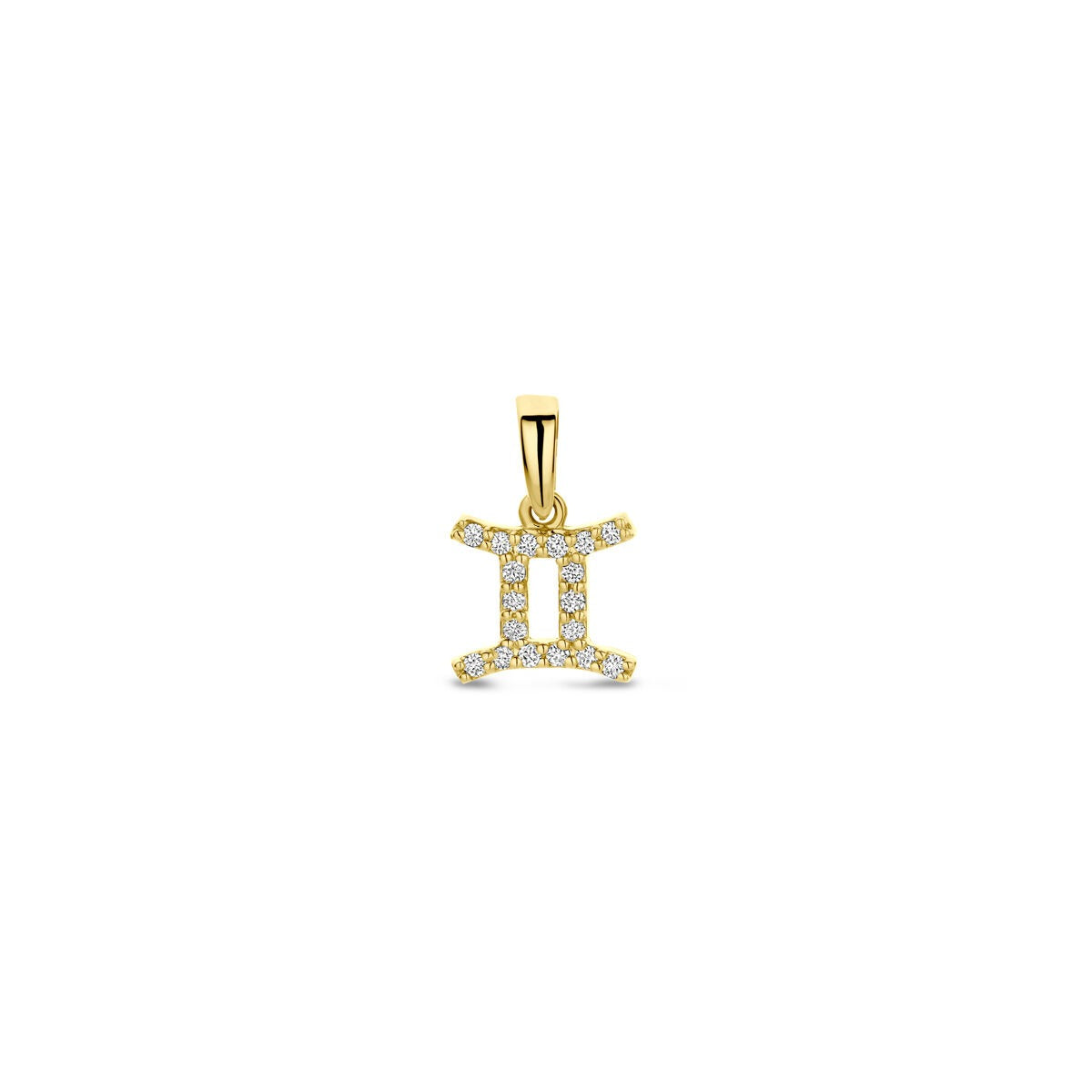 Geelgouden sterrenbeeld hanger met diamant in de vorm van het sterrenbeeld Tweelingen.