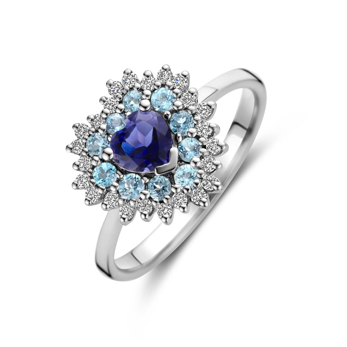 Anello in oro bianco a forma di cuore con topazio blu di Londra, iolite e diamanti.