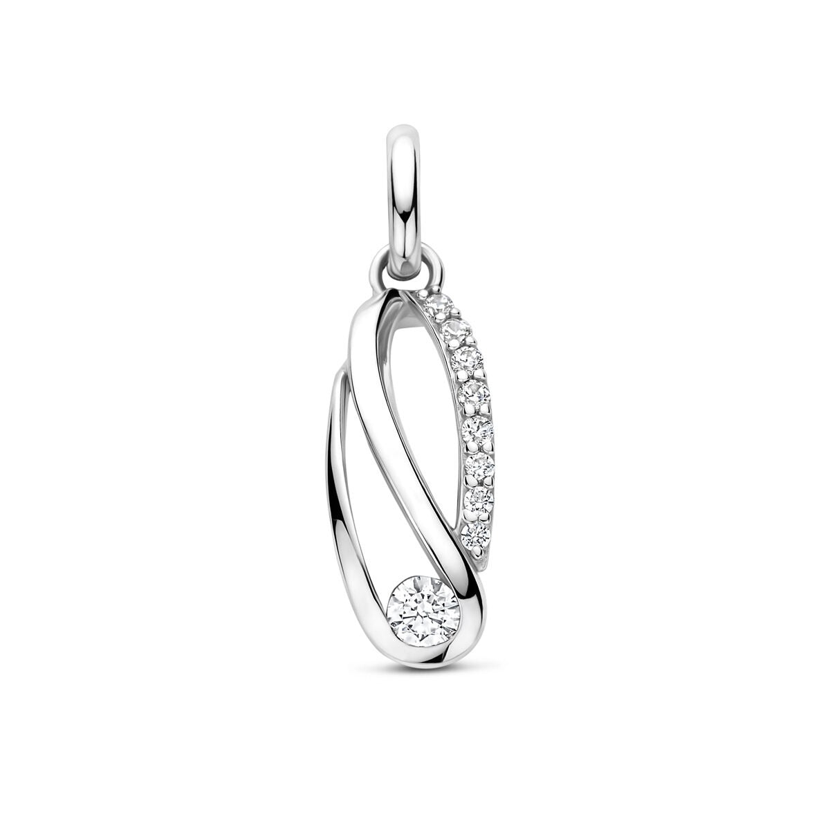 Ciondolo in argento 925 con zircone, finitura rodiata, design ondulato.
