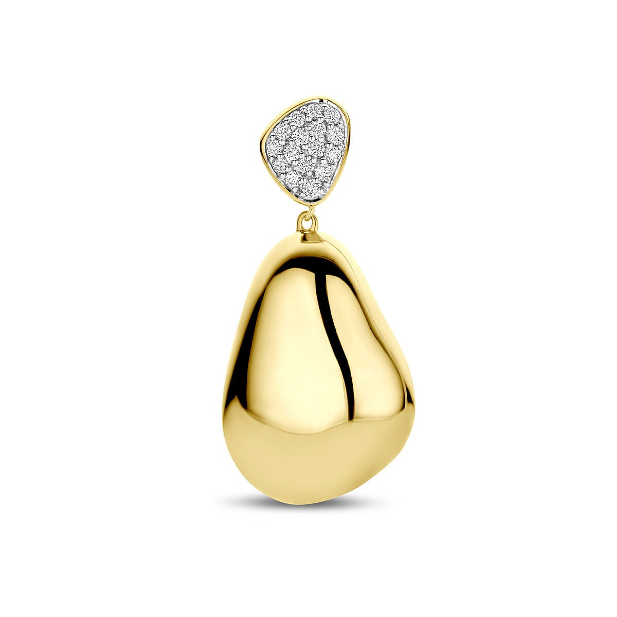 Ciondolo in oro giallo 14k con diamanti pavé da 0,20 ct, forma a goccia lucida.
