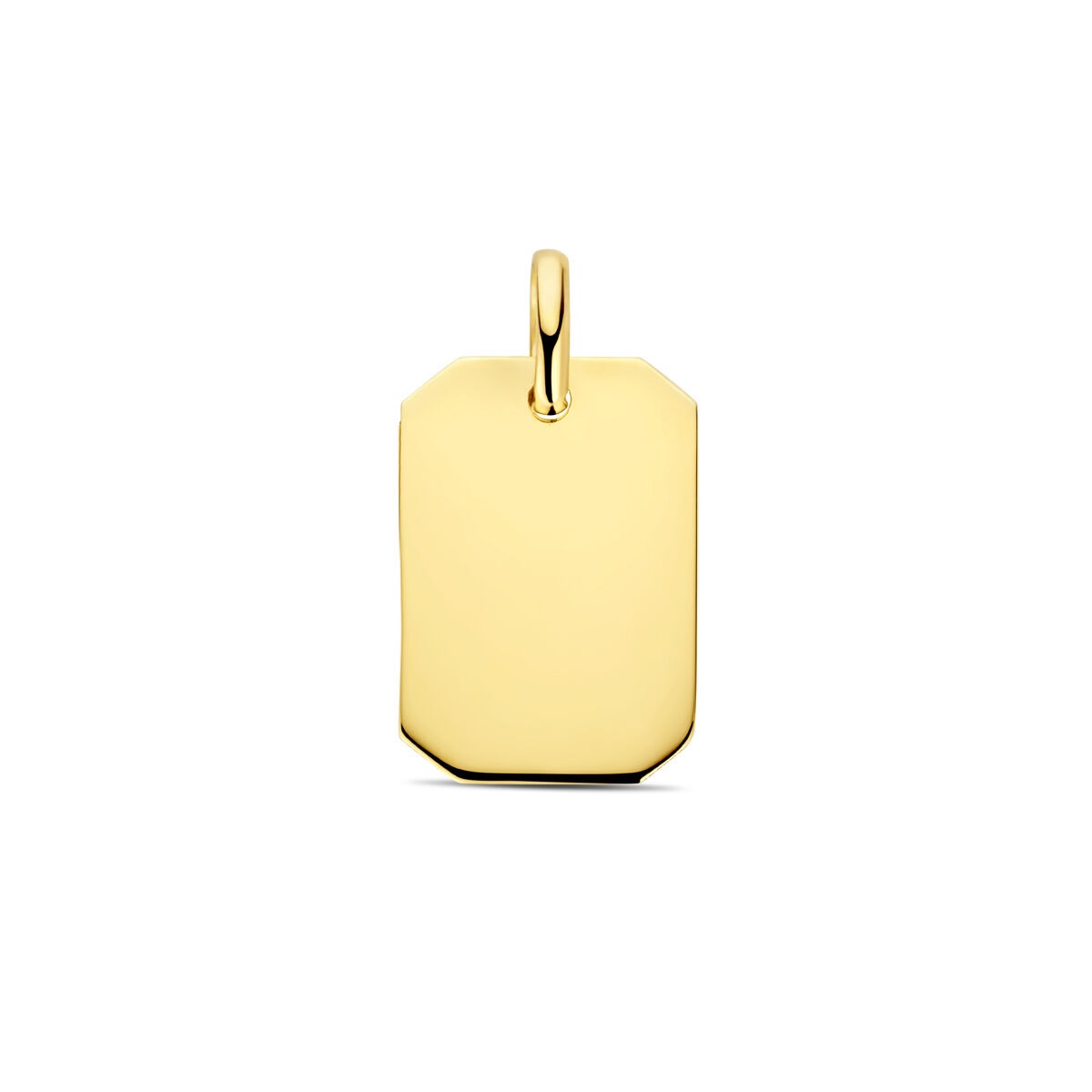 Gouden 14k graveerhanger met een rechthoekige vorm en een glanzende afwerking.