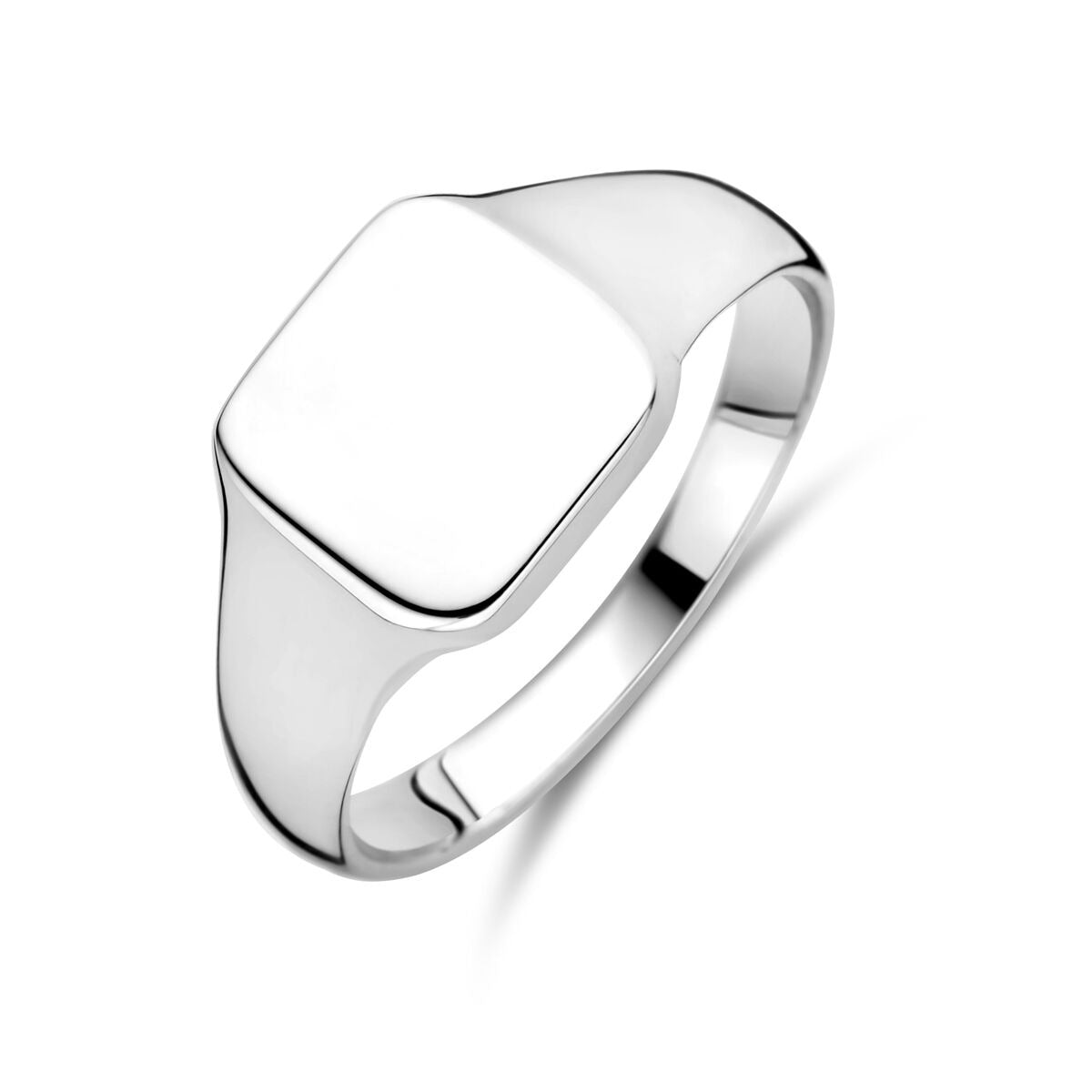 Anello in argento 925 rodiato con superficie quadrata liscia.