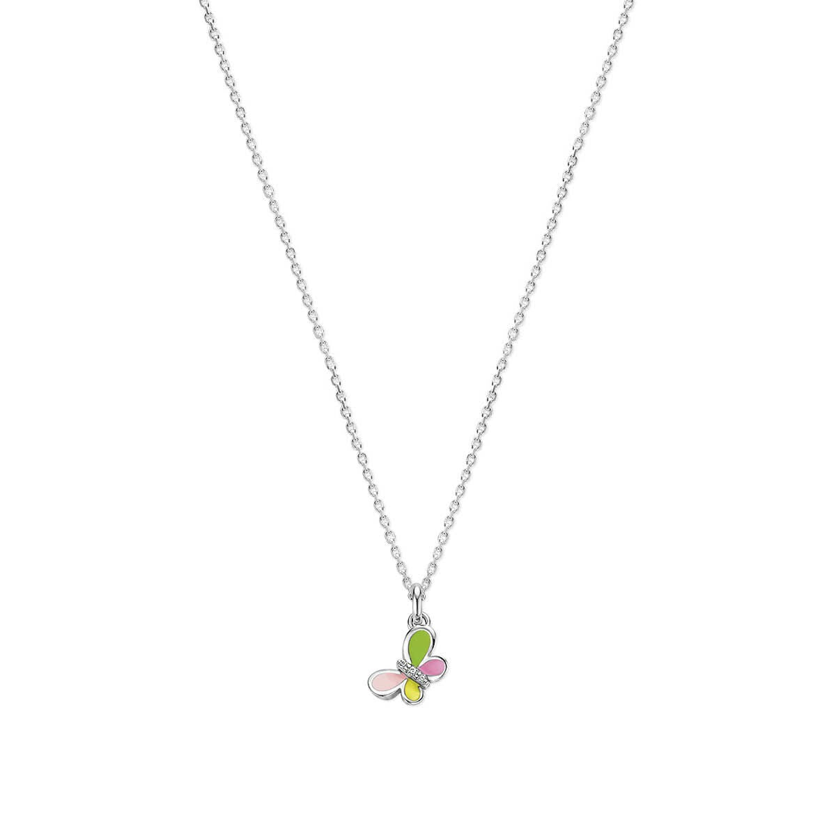 Collana in argento rodiato con ciondolo a forma di animale e dettagli colorati.