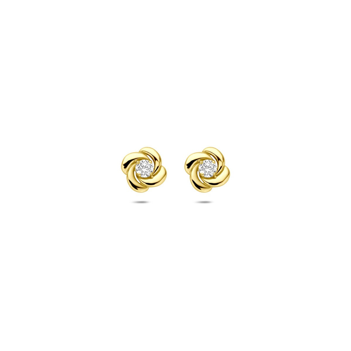 Orecchini in oro giallo 14k con zircone, design a fiore con chaton a quattro griffe.