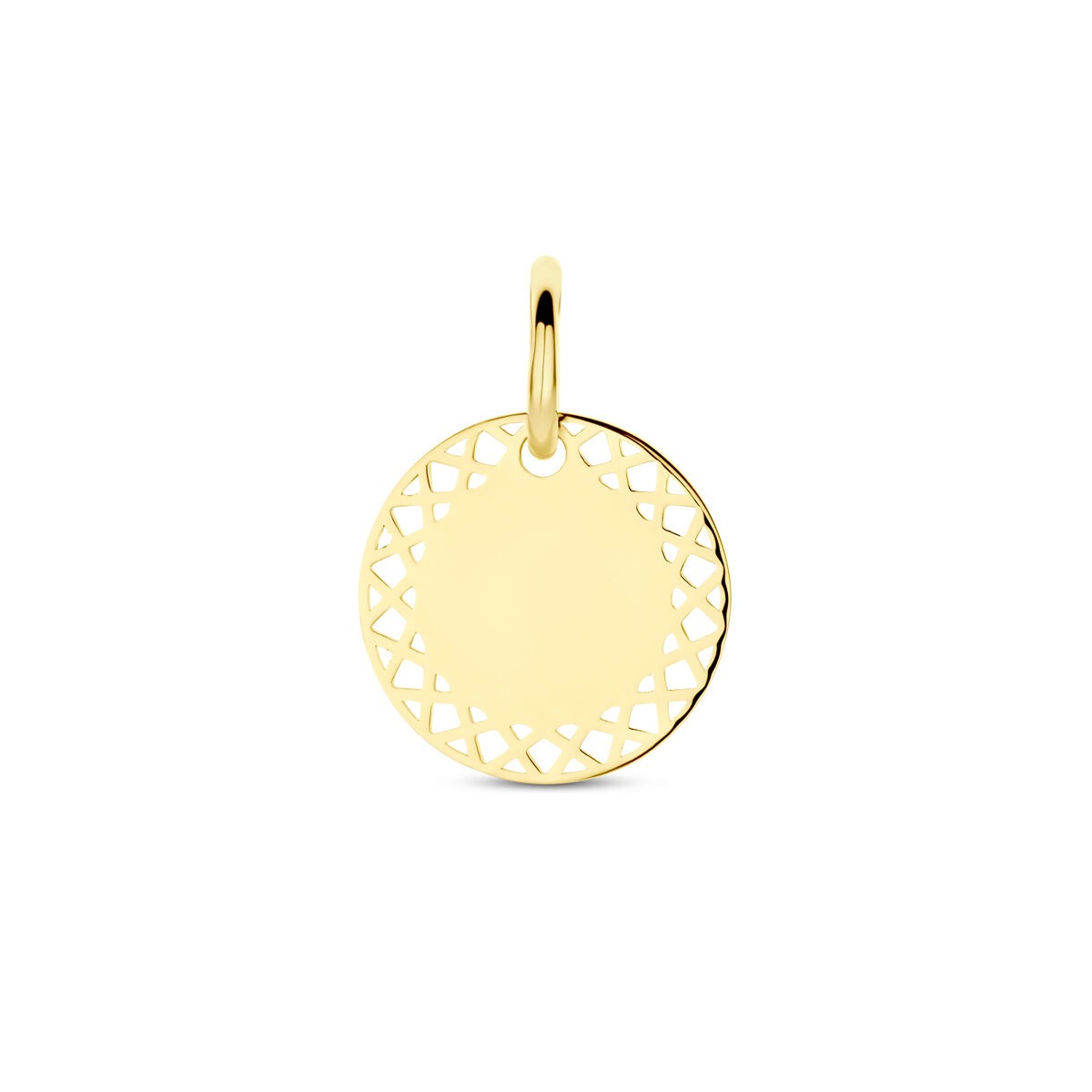 Ciondolo rotondo in oro giallo 14k con motivo traforato.