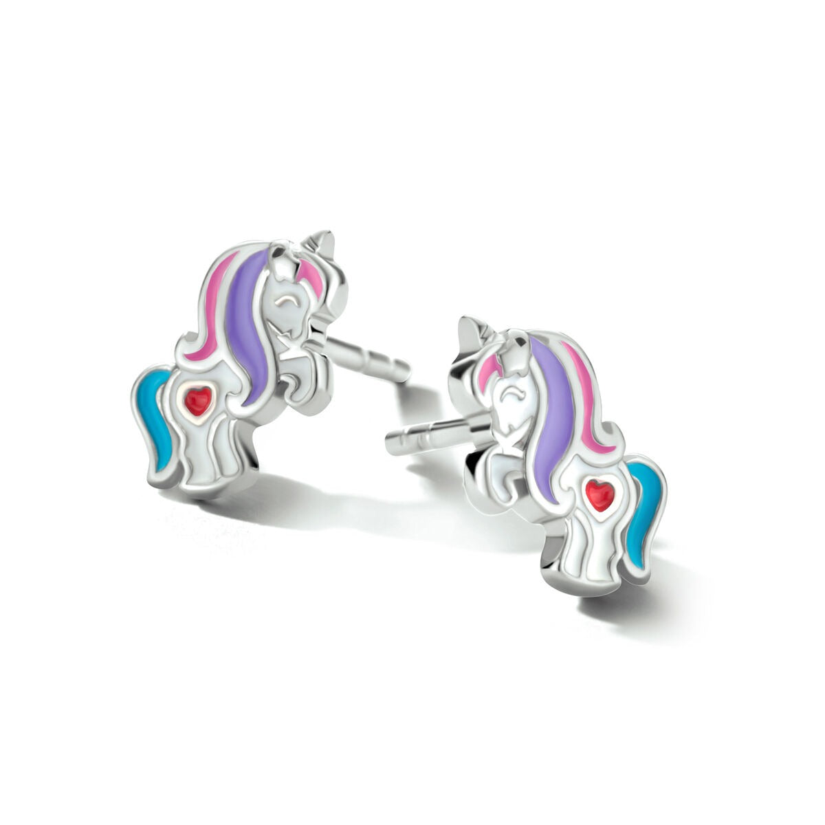 Gerhodineerde zilveren oorknoppen in de vorm van een eenhoorn met kleurrijke details en hartje.