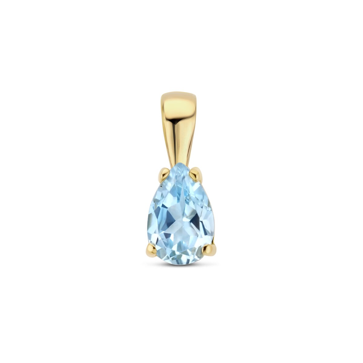Ciondolo in oro giallo 14k con topazio blu a forma di goccia.