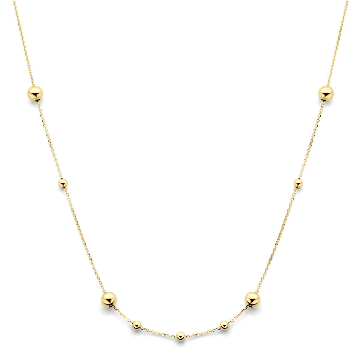 Collana in oro giallo con palline, caratterizzata da una catena sottile e sfere di diverse dimensioni.