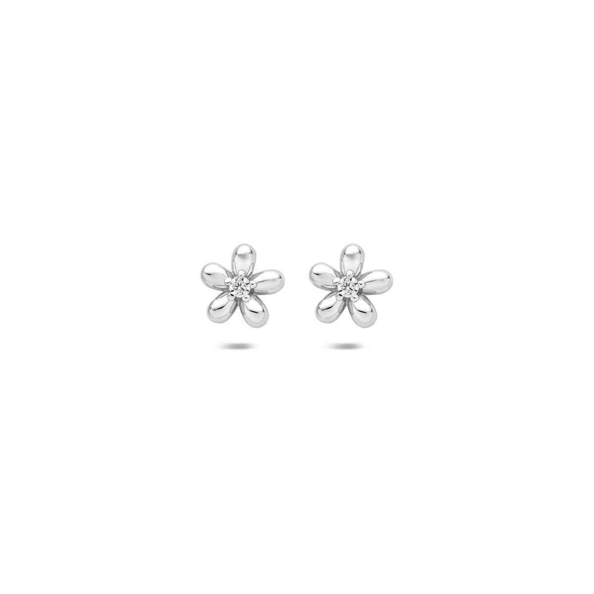 Orecchini a bottone in argento 925 a forma di fiore con zirconi.