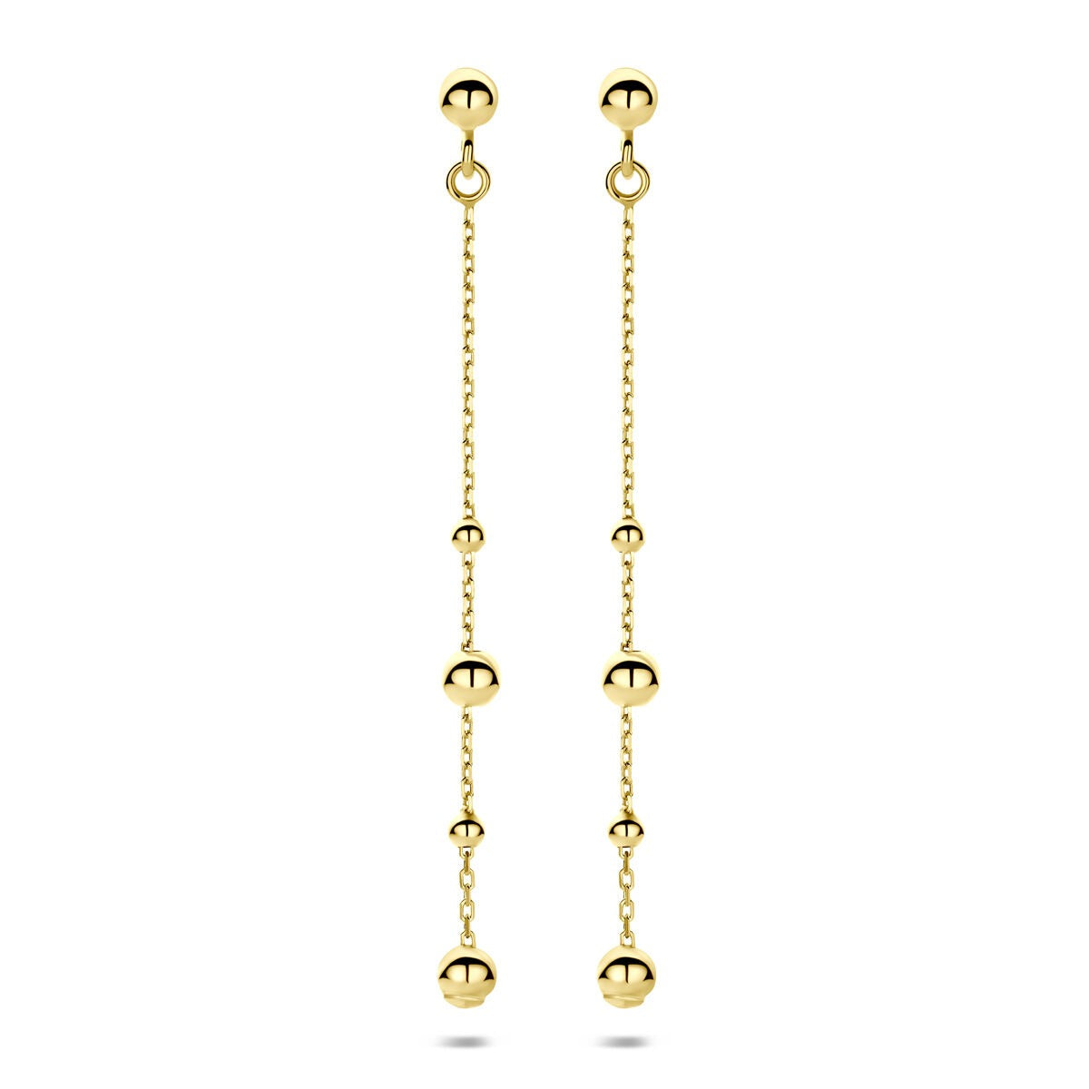 Orecchini pendenti in oro giallo 14k con sfere, caratterizzati da una catena sottile.