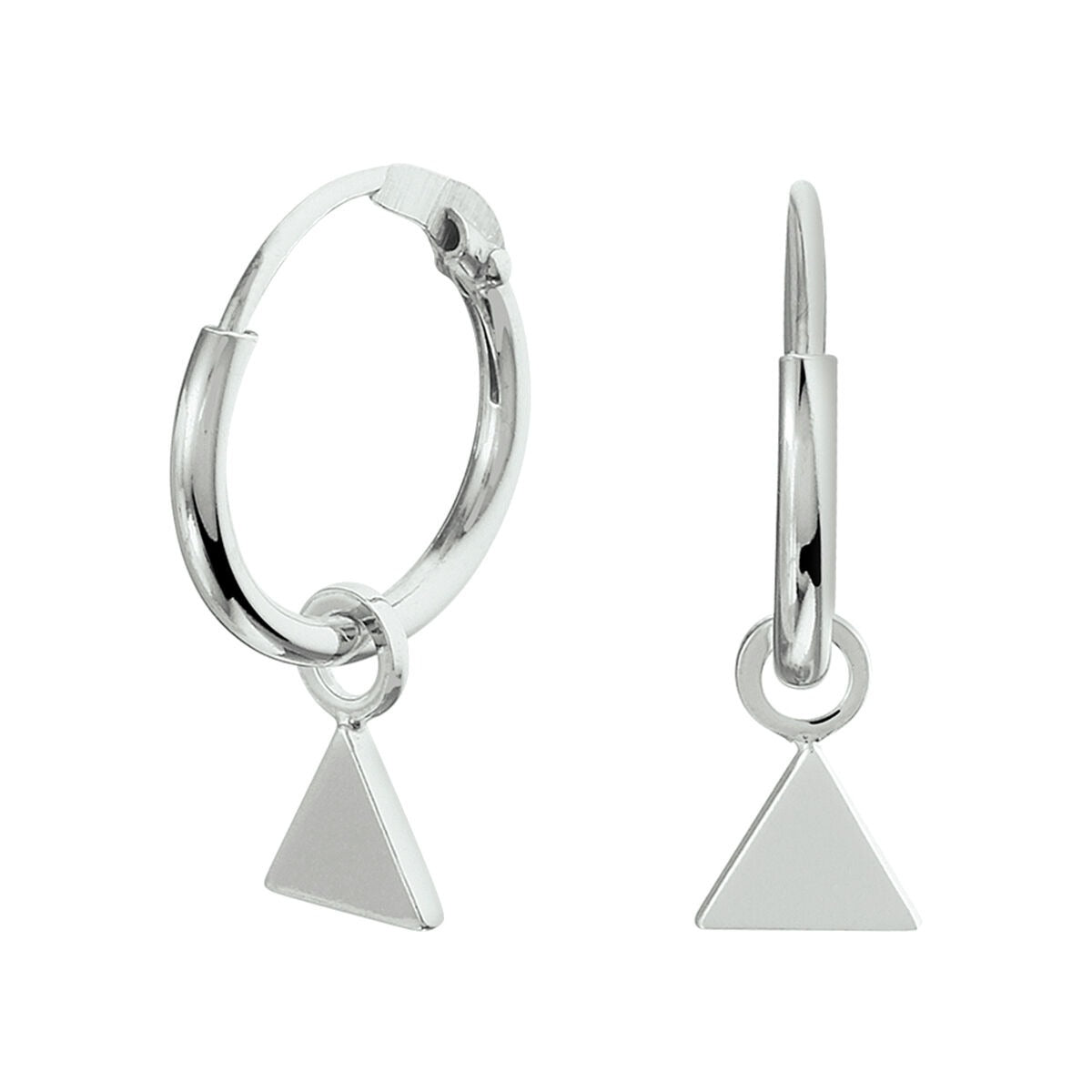 Orecchini alla creola in argento con pendente triangolare, finitura rodiata.