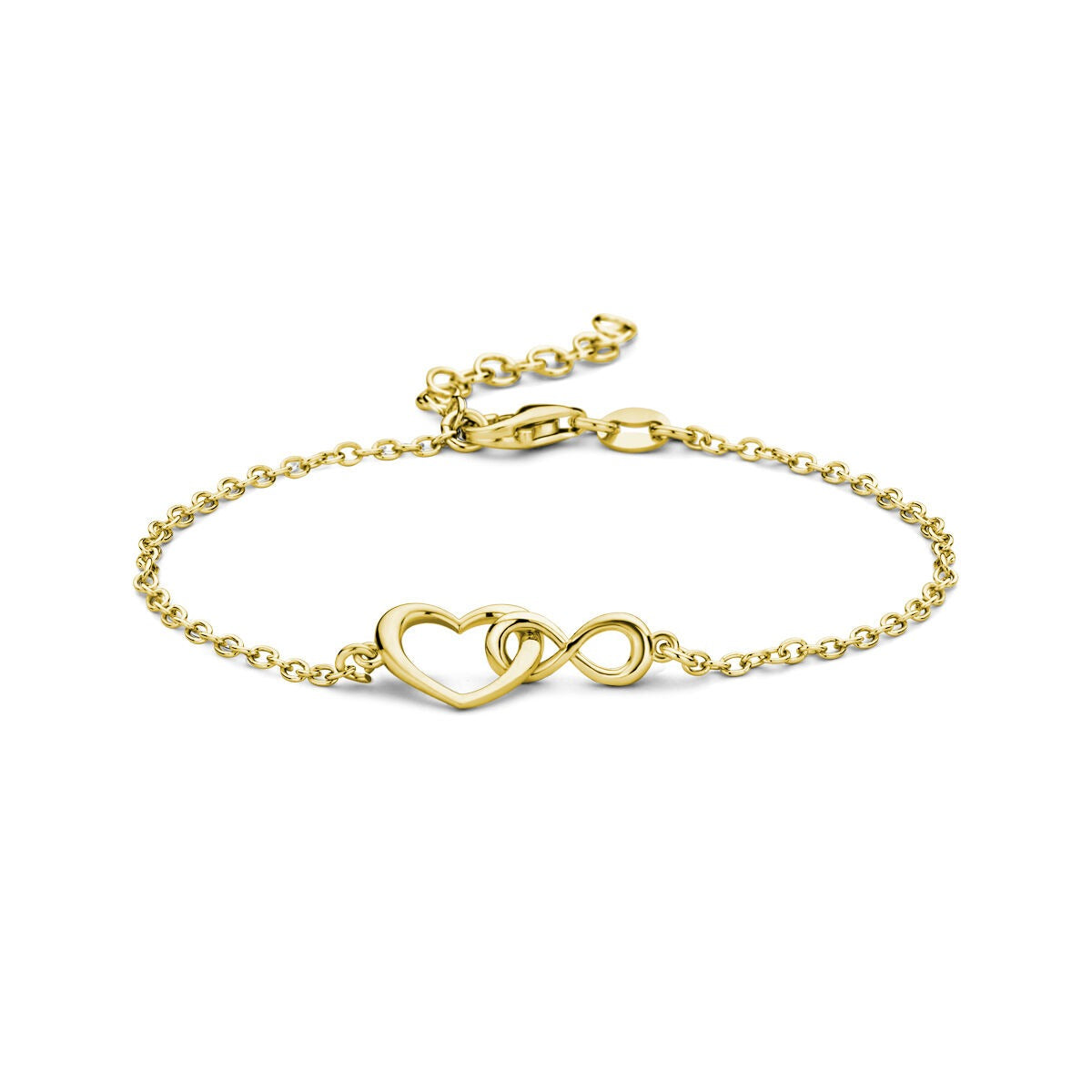 Bracciale in argento dorato con cuore e simbolo dell'infinito, lunghezza regolabile 16-19 cm.