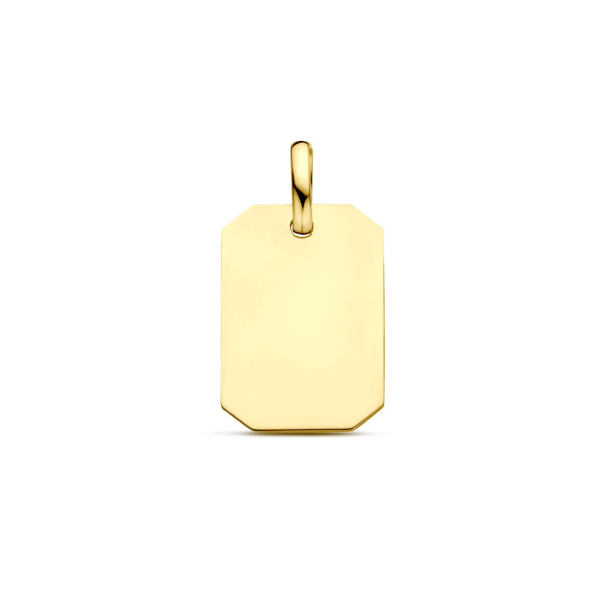 Ciondolo in oro giallo da 9 carati, forma rettangolare, superficie liscia e lucida, dimensione di 20 mm.
