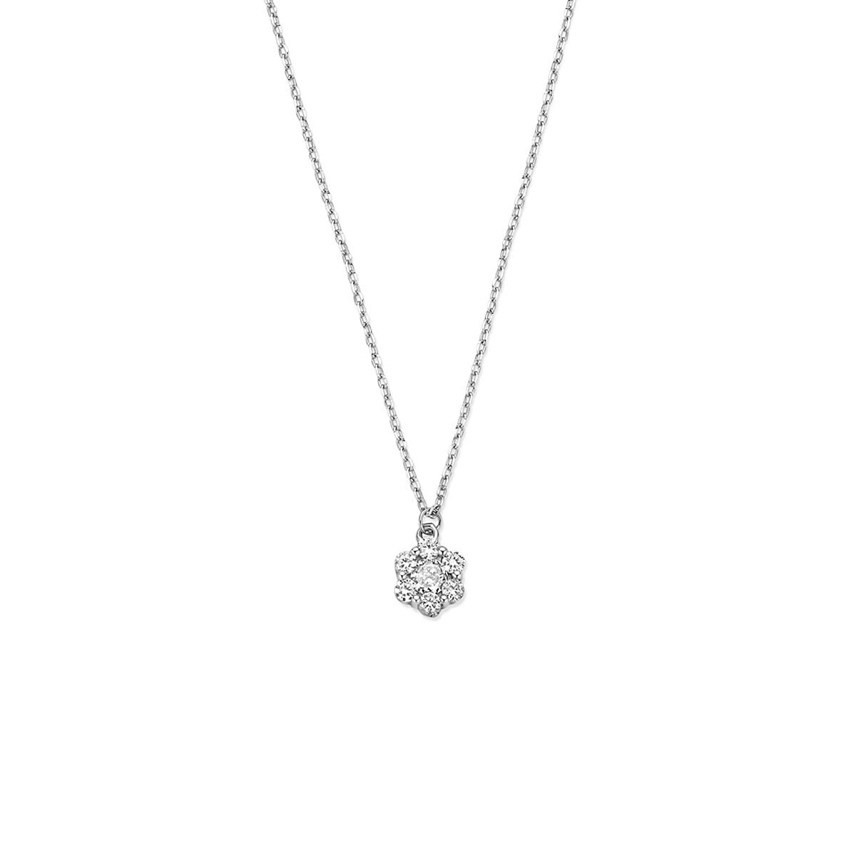 Collana d'argento con pendente a forma di fiore decorato con zirconi.