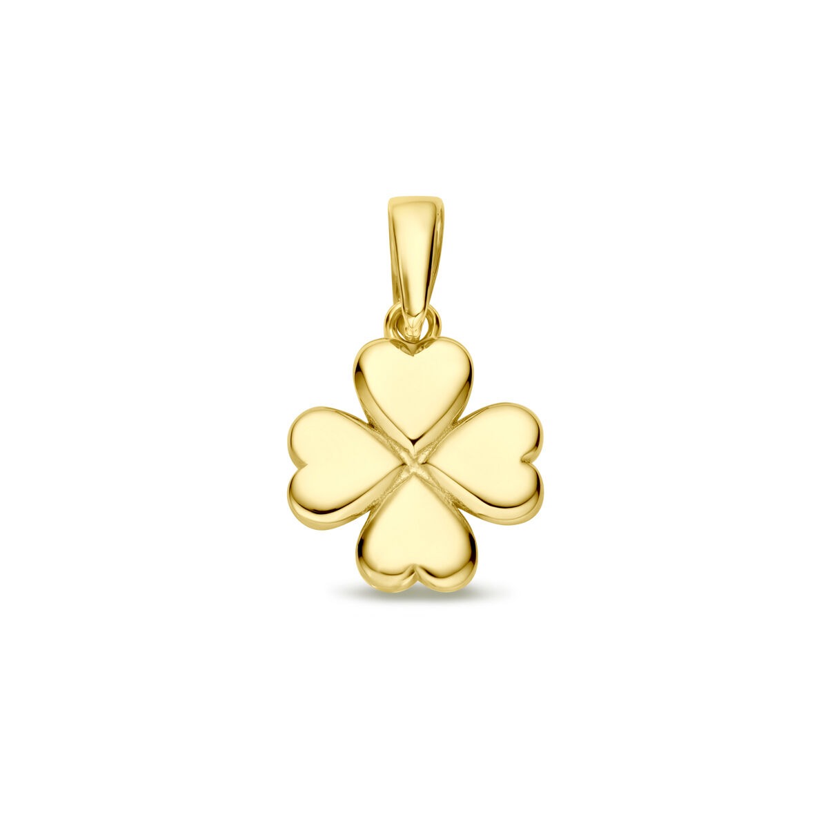 Ciondolo in oro giallo 14k a forma di quadrifoglio, lucido e senza incisioni.