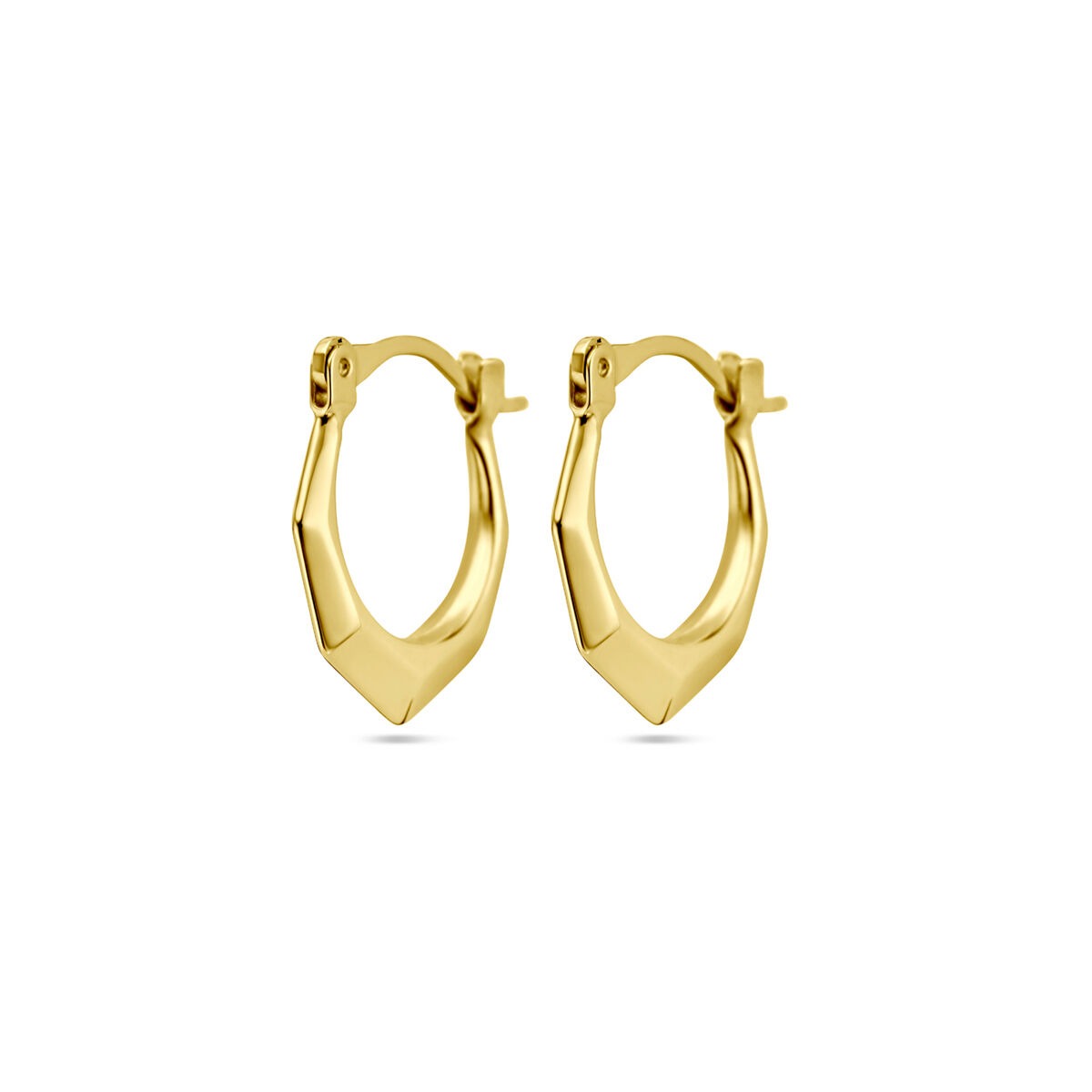 Orecchini alla creola in oro giallo 14k con forma lapide e dettagli geometrici.