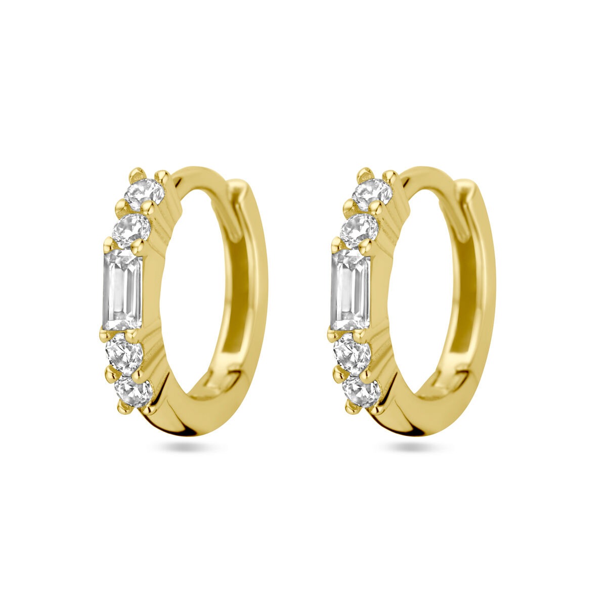 Orecchini alla creola in argento dorato con zircone, misura 11,5x2 mm.