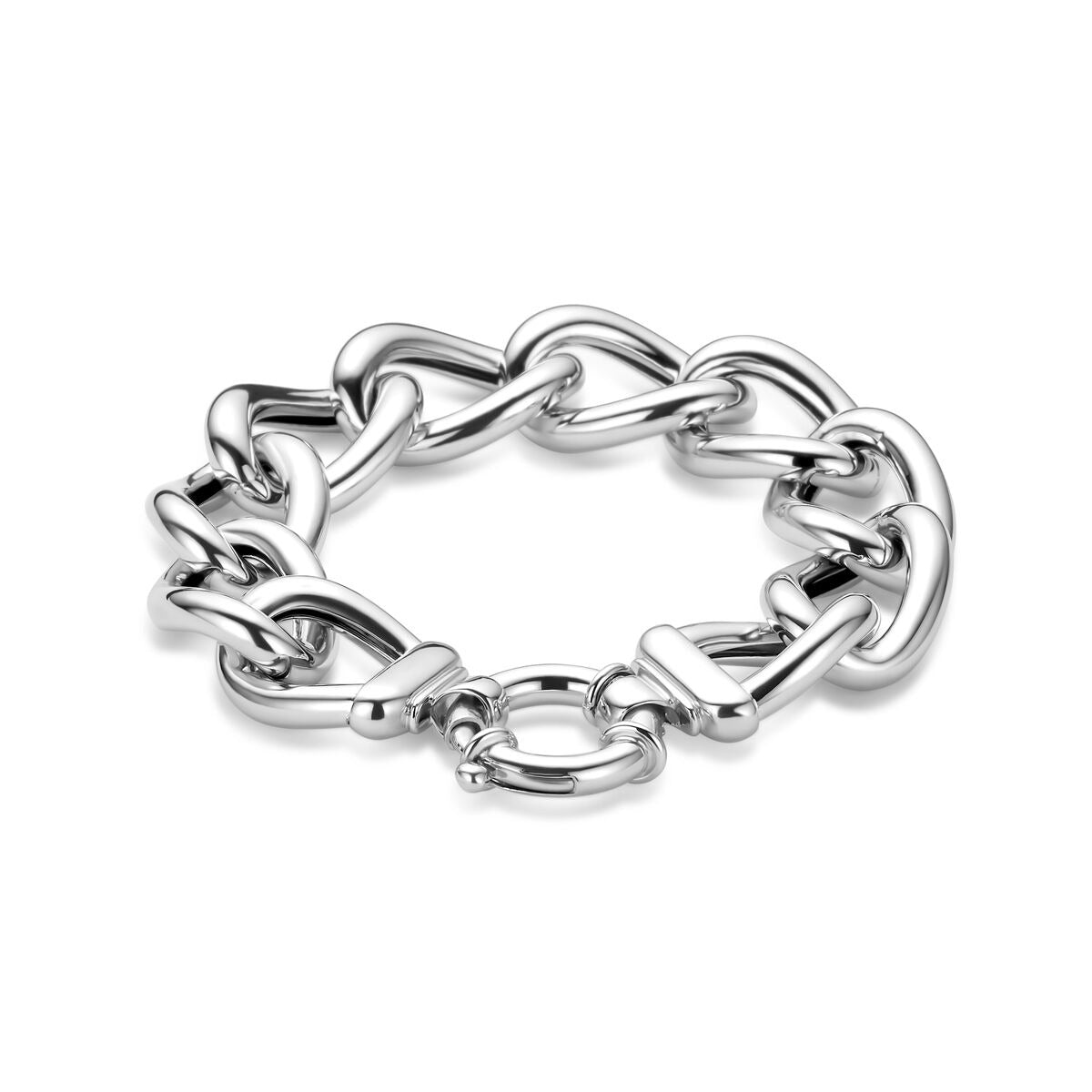 Zilveren gourmette armband met gerhodineerde afwerking en schakels in verschillende vormen.