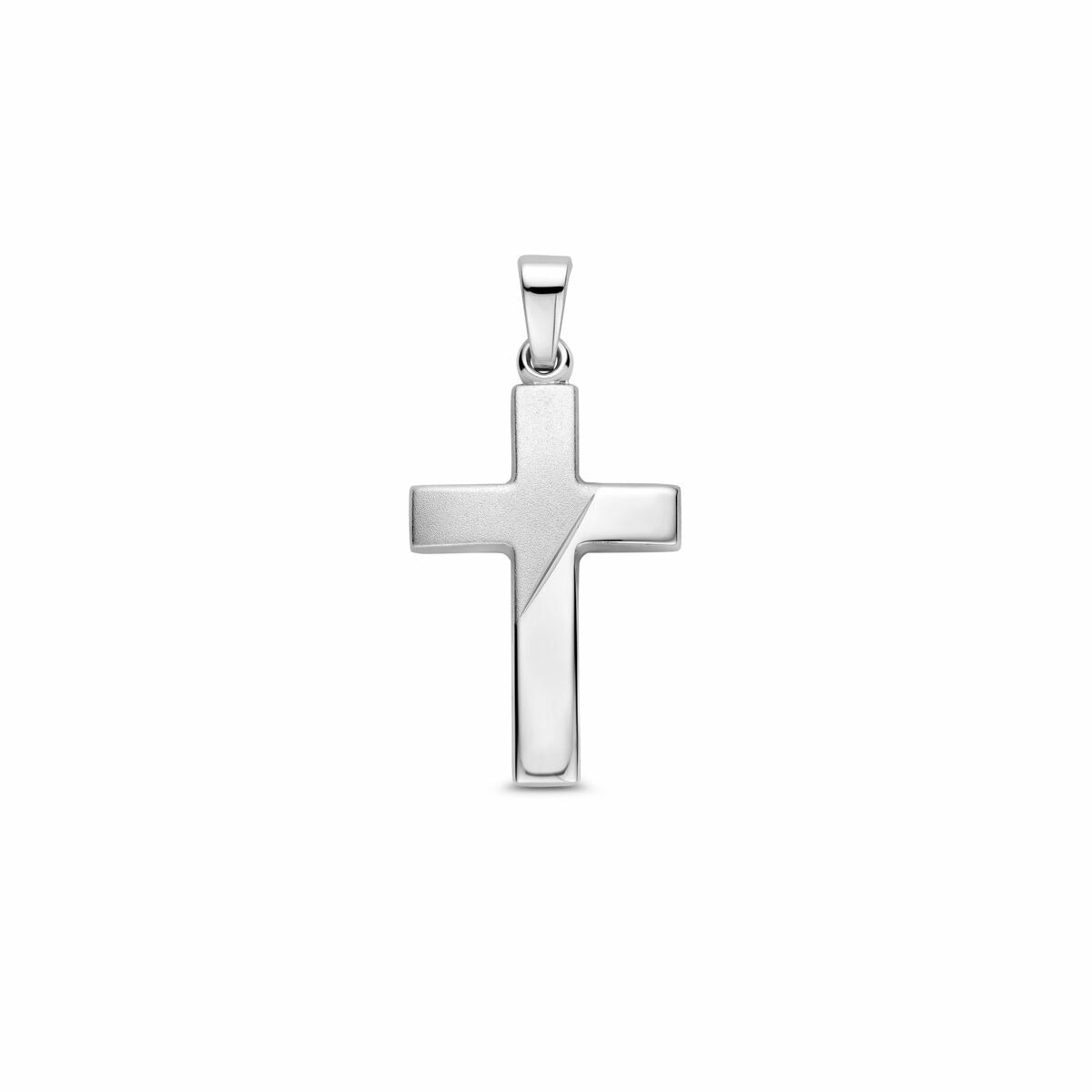 Ciondolo a forma di croce in argento 925 rodiato, con dettagli opachi, lucidi e diamantati.