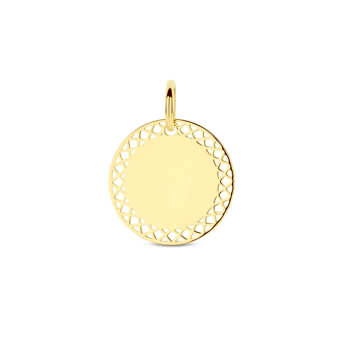 Ronde 14k geelgouden graveerhanger met een opengewerkt patroon aan de rand.