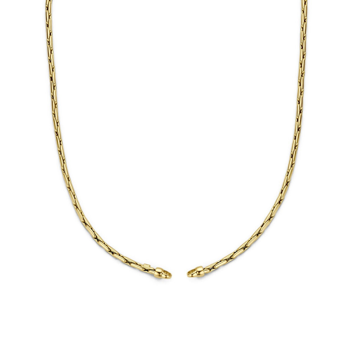 Collana in oro giallo 14k senza chiusura, con design sottile e intrecciato.