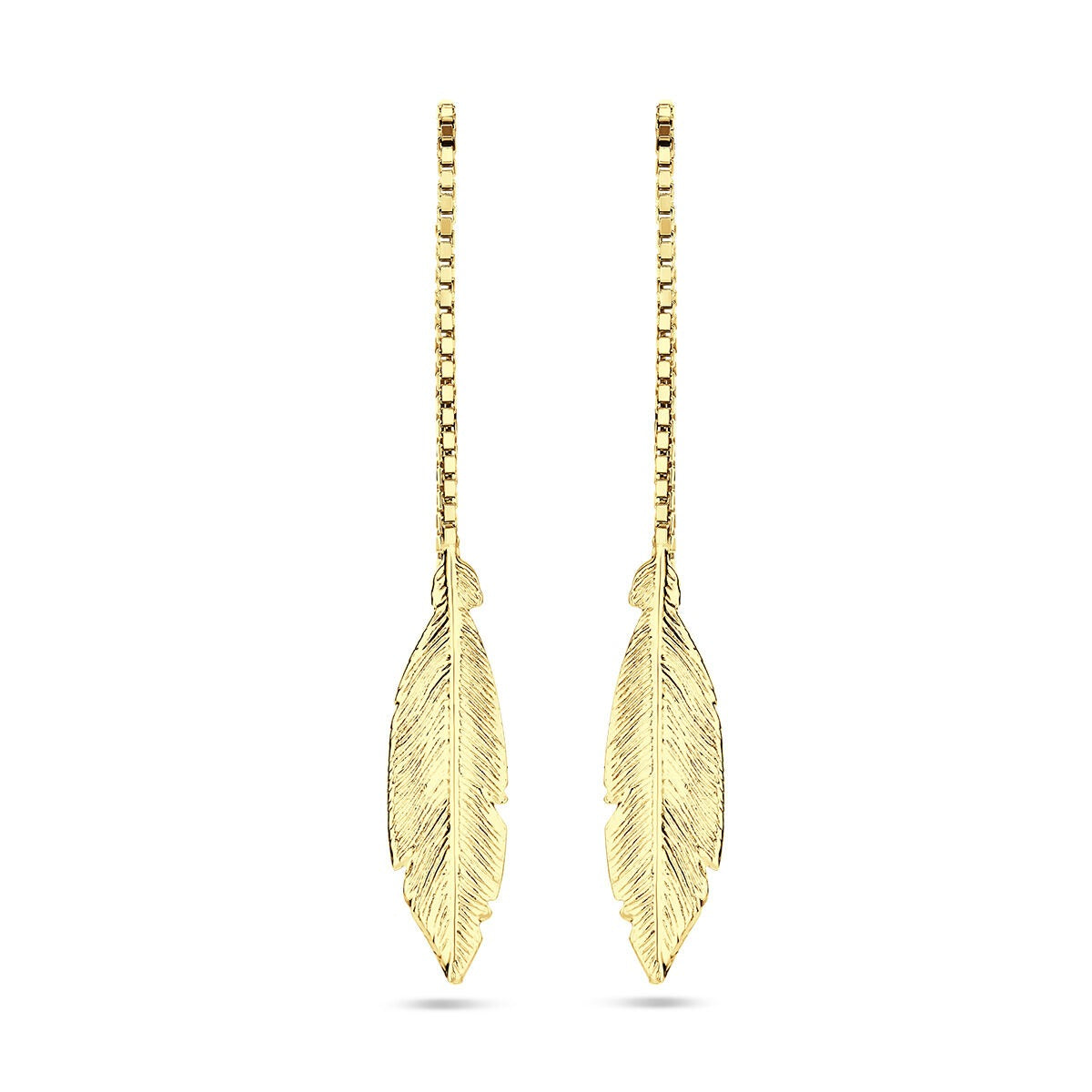 Orecchini a catenina passante color oro con piuma – rodiati 925