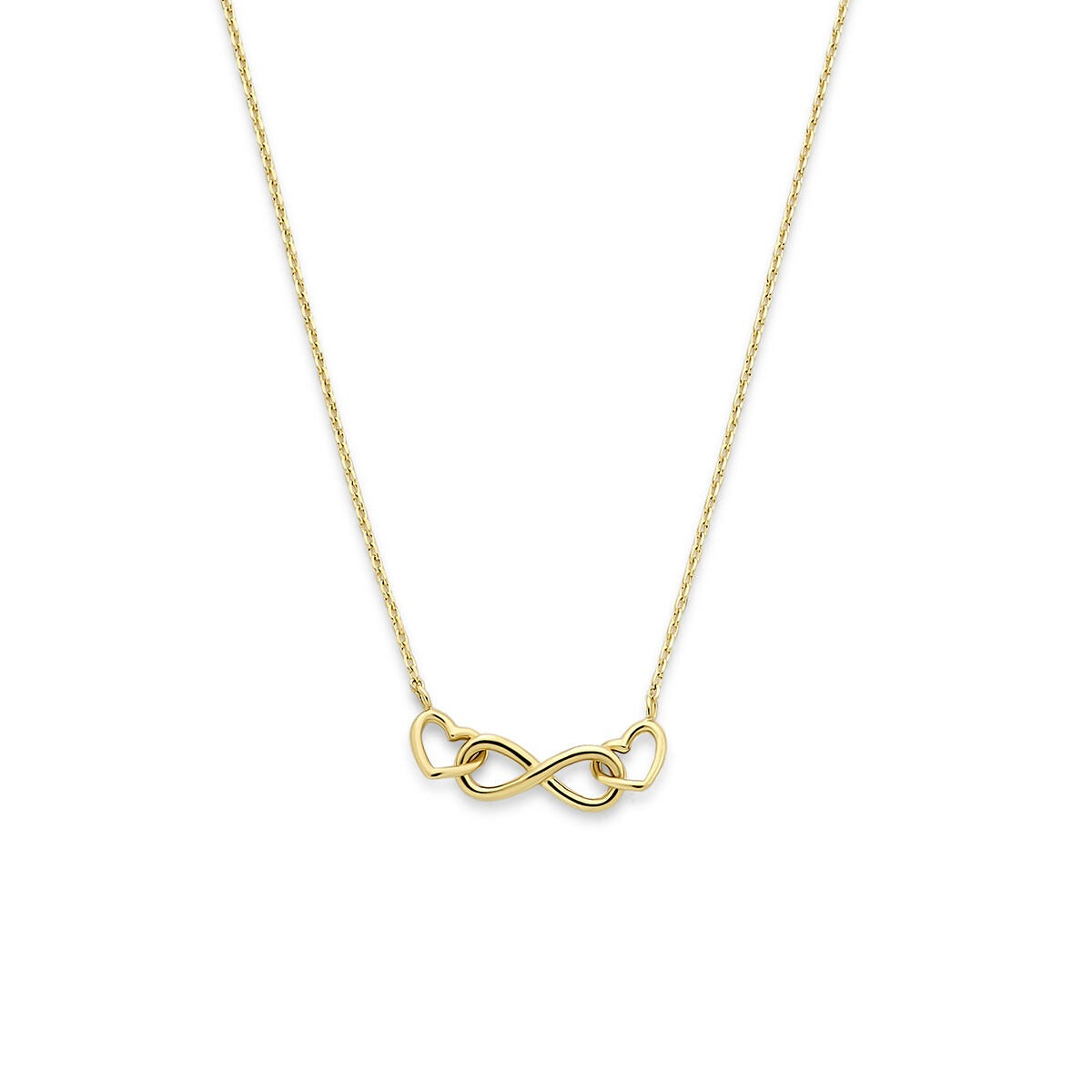 Geelgouden collier met een infinity-teken en twee hartjes, fijn en subtiel ontwerp.