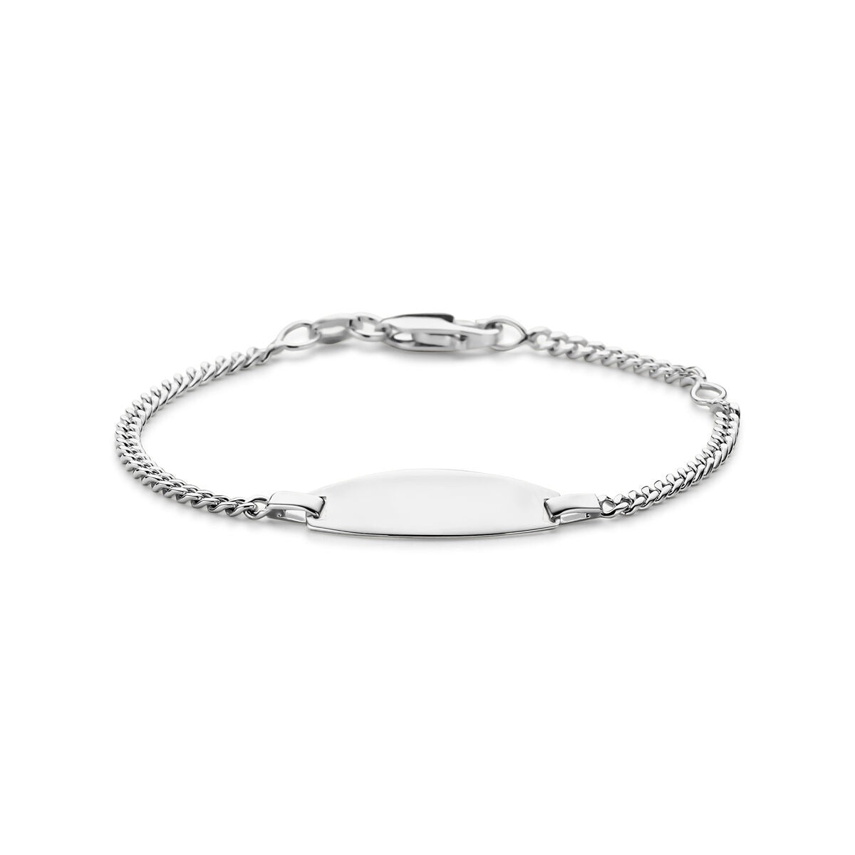 Zilveren baby armband met gourmette schakels en een gladde graveerplaat, verstelbaar van 11 tot 13 cm.