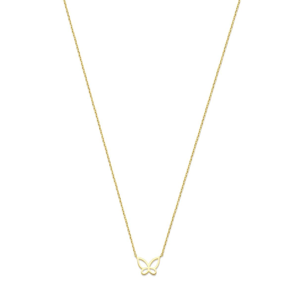 Collana in oro giallo 14k con pendente a forma di farfalla, design elegante e giocoso.