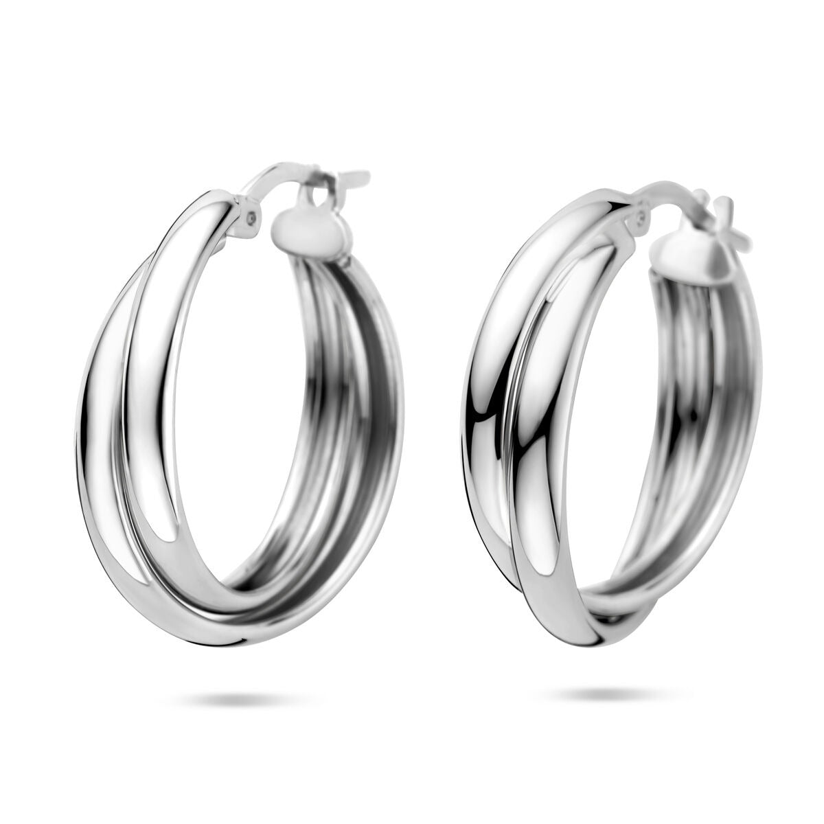 Orecchini alla creola in argento 925 rodiato, con design a doppio cerchio lucido.
