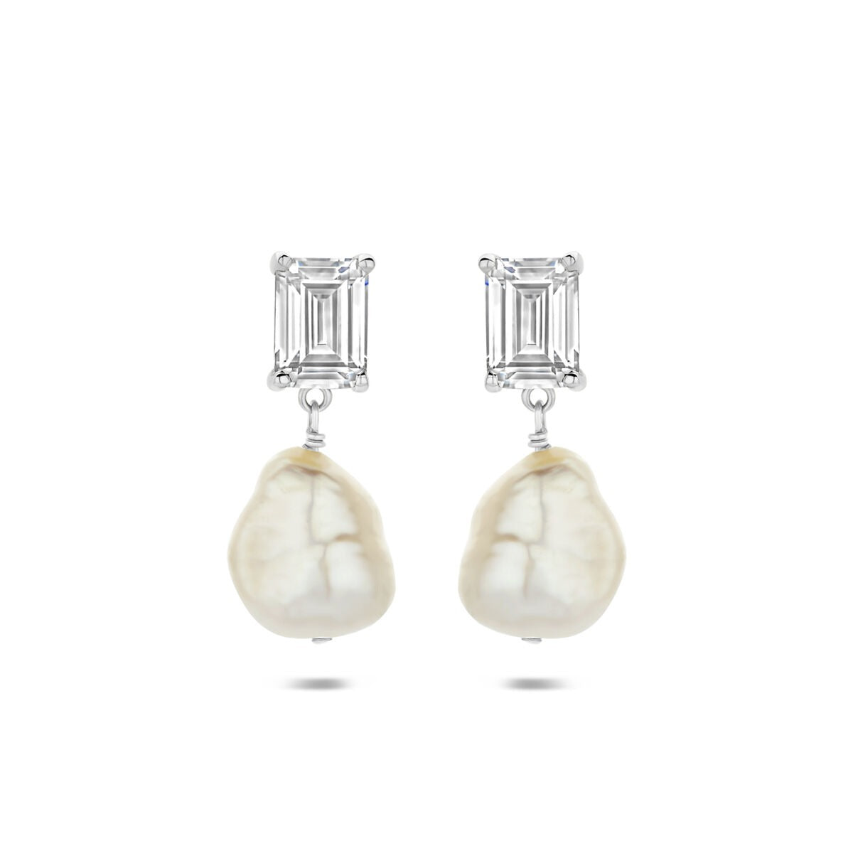 Orecchini in argento 925 con perla e zirconi, forma a goccia e dettagli rettangolari.