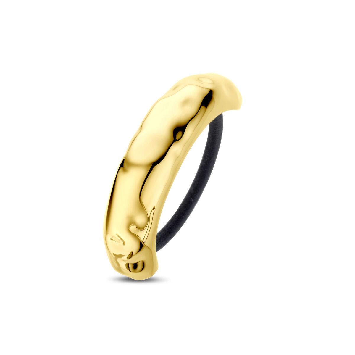 Cuff per capelli in acciaio dorato con finitura lucida e elastico nero.