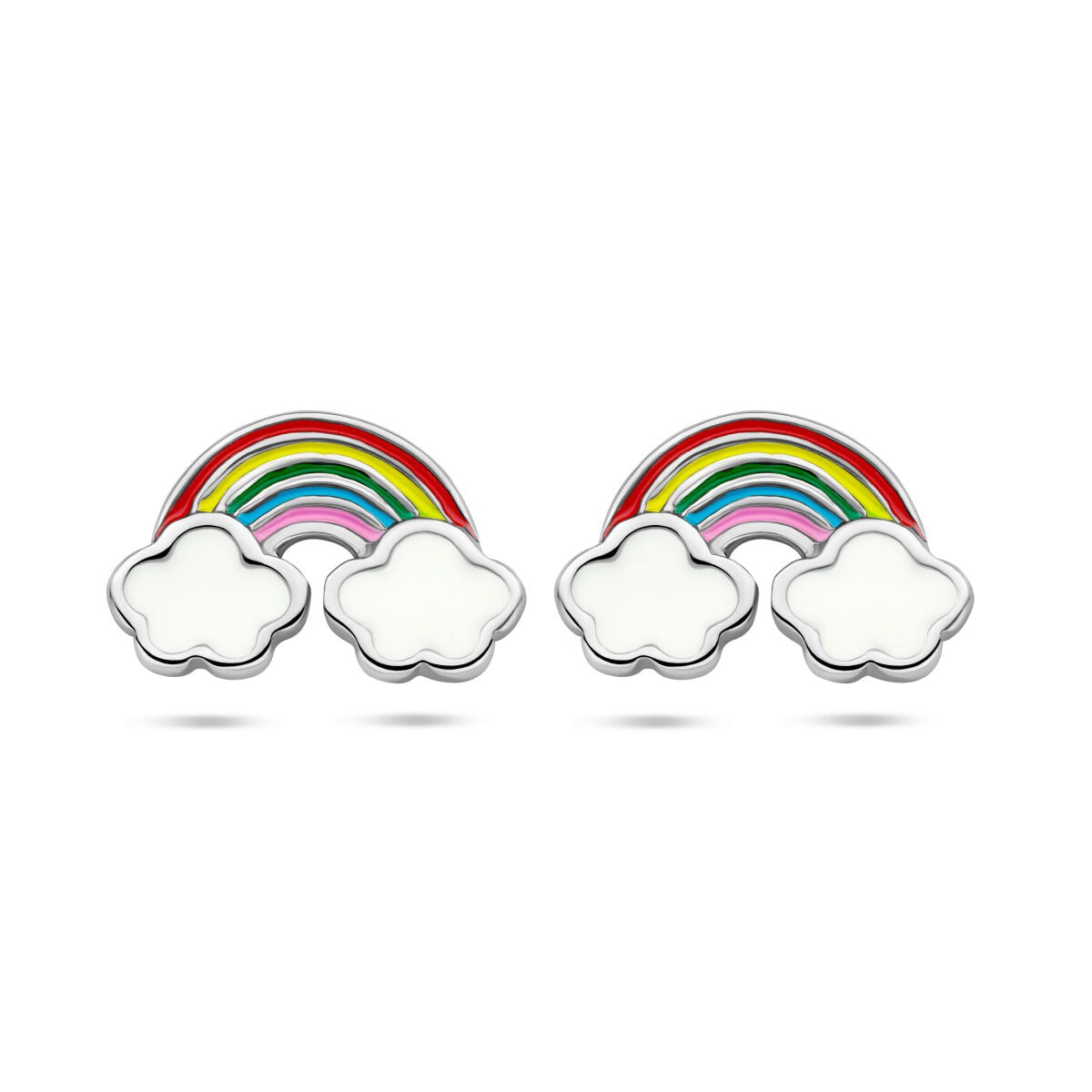 Zilveren oorknoppen met gerhodineerde afwerking, gekleurde regenboog en witte wolken.