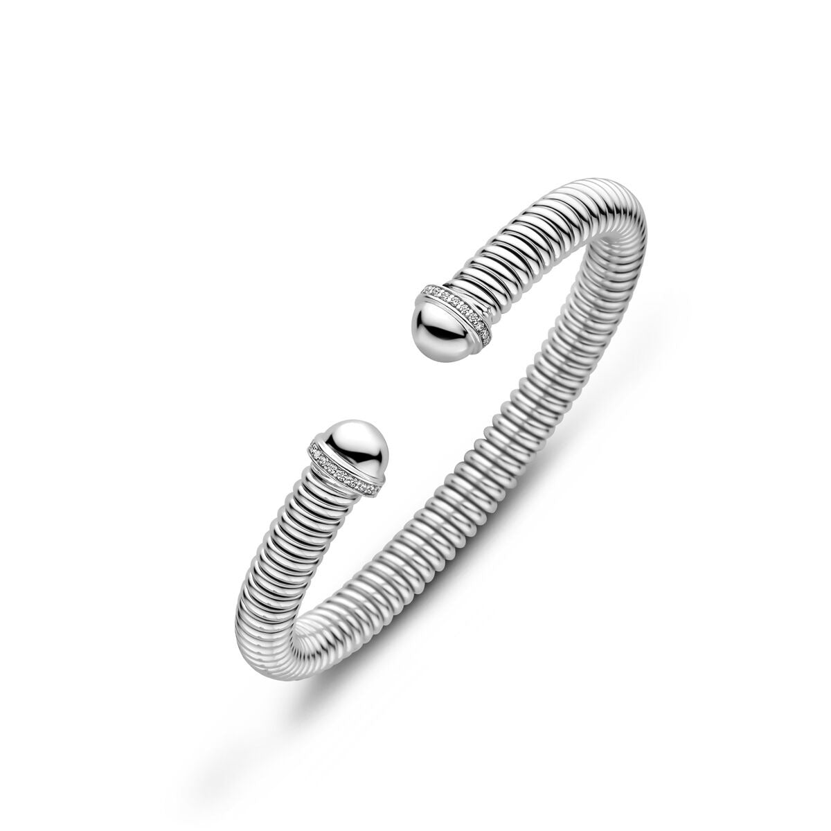 Zilveren gerhodineerde spangarmband met een flexibele, gedraaide structuur en bolle uiteinden.