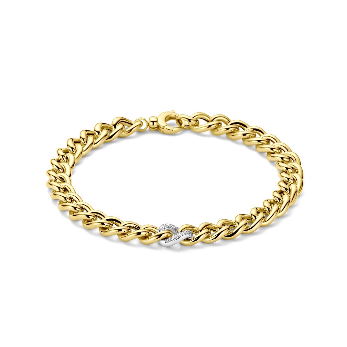 Bracciale bicolore in oro giallo e bianco con diamante, design a catena.