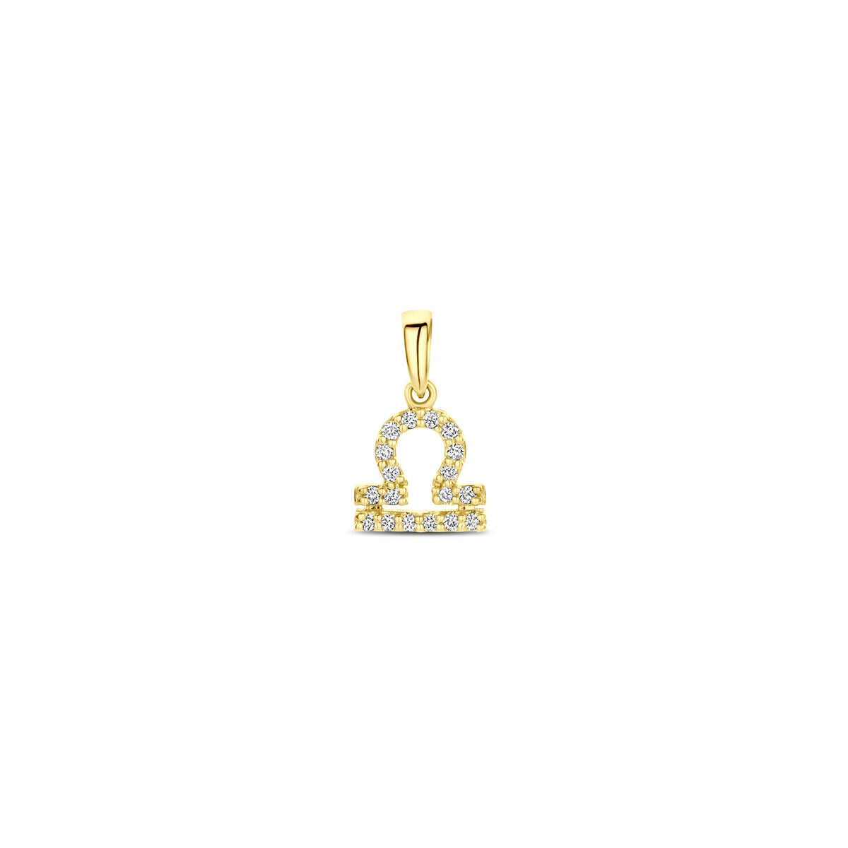 Geelgouden sterrenbeeld hanger met een diamantaccent, in de vorm van het sterrenbeeld Weegschaal.