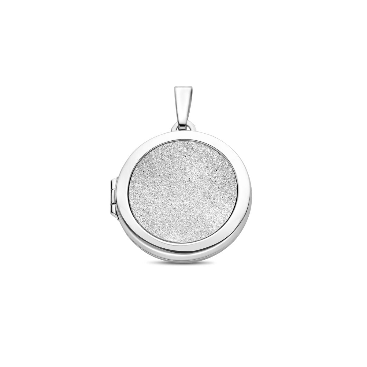 Medaillon rotondo in argento 925 rodiato con finitura diamantata lucida e glitter.