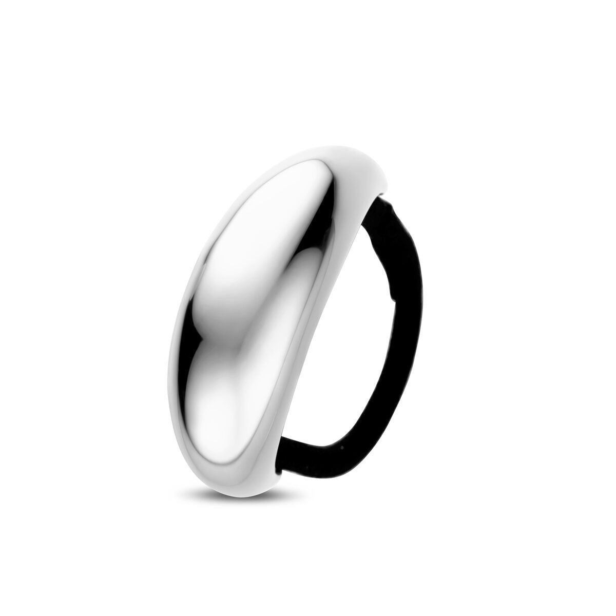 Cuff per capelli in acciaio, colore argento con accento nero, forma liscia e arrotondata.