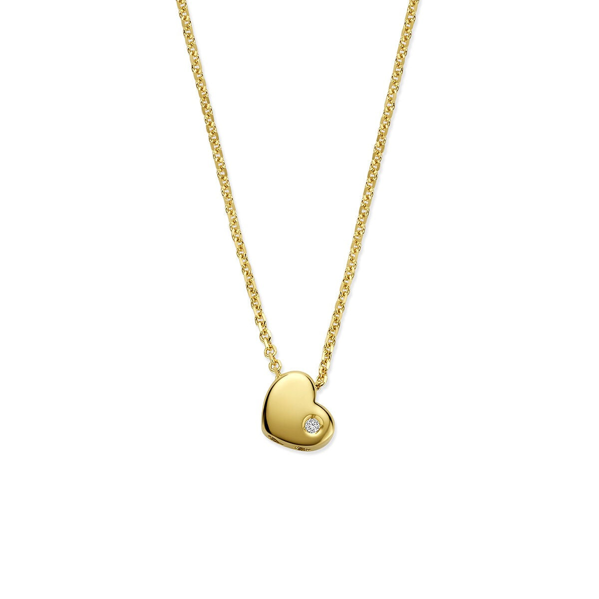 Geelgouden kinder collier met een hartvormige hanger en een lab grown diamant.