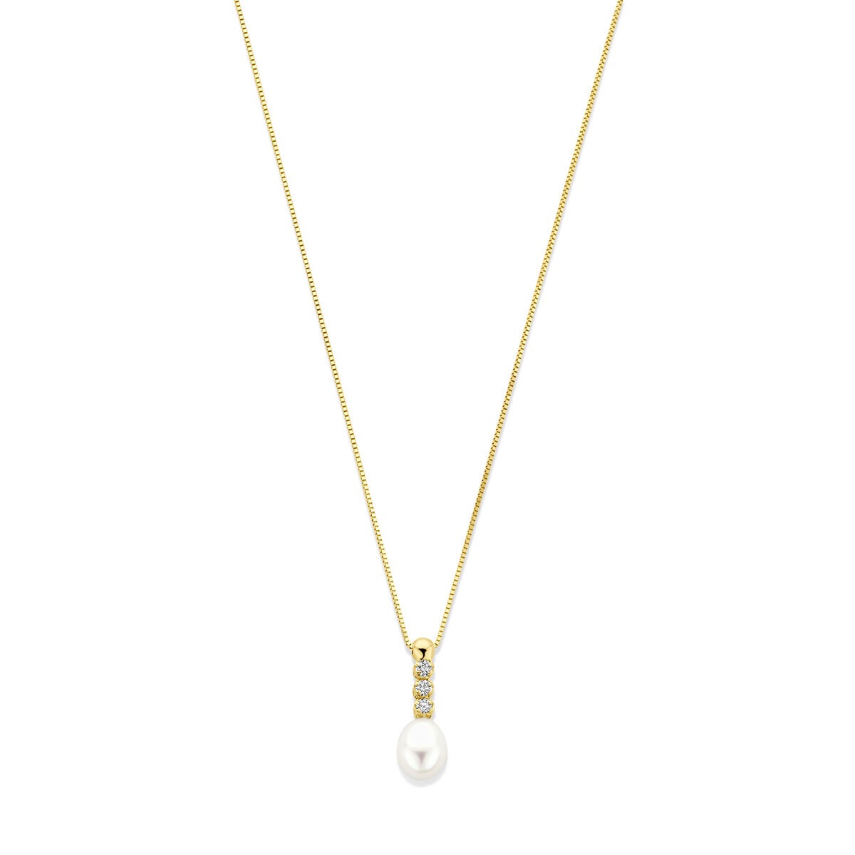 Collana in oro giallo 14k con zirconi e perla d'acqua dolce a goccia.